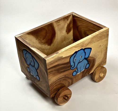 Spielzeugkiste aus Holz mit Rädern, blauer Elefant